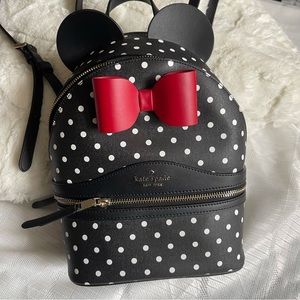 Kate Spade Black and White Polka Dot Backpack with Red Bow